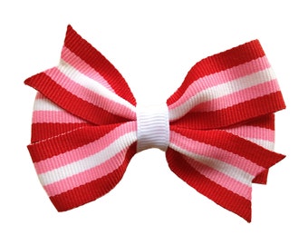 Pink, red & white striped hair bow - Valentines hair bow, girls bows, hair bows, toddler bows, 3 inch bows, girls bows, baby bows
