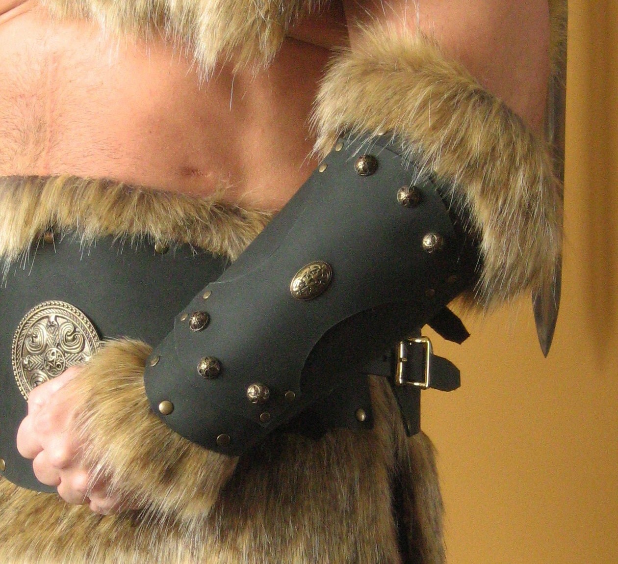 Medieval Armor Barbarian Gladiator Long Bracer with Fur