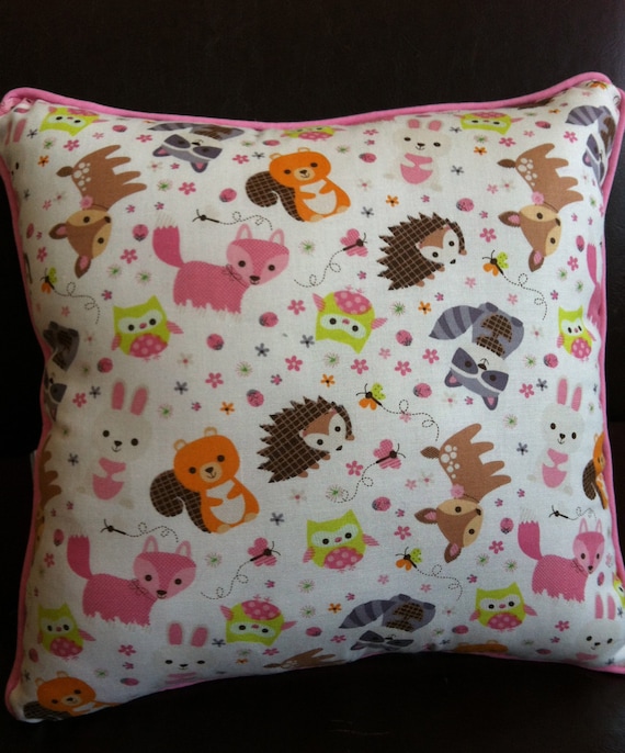 Woodland Animal Pillow in Pinks Greens Yellows Browns