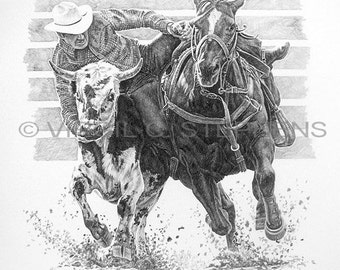 Saddle Bronc drawing of a rodeo cowboy riding a bronc at the