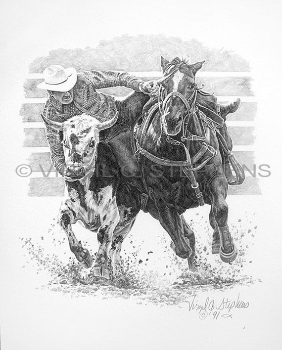 Steer Wrestling Drawing Of A Rodeo Cowboy Getting Ready To