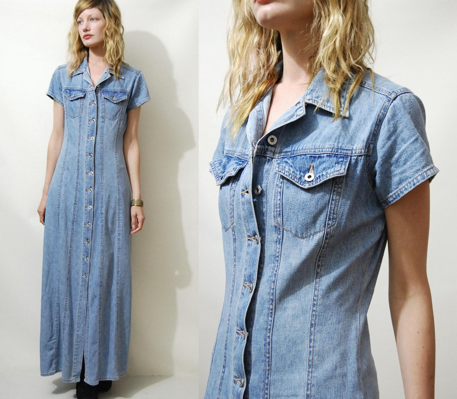 90s Vintage DENIM Dress Maxi Long BUTTON DOWN vtg 1990s Pale