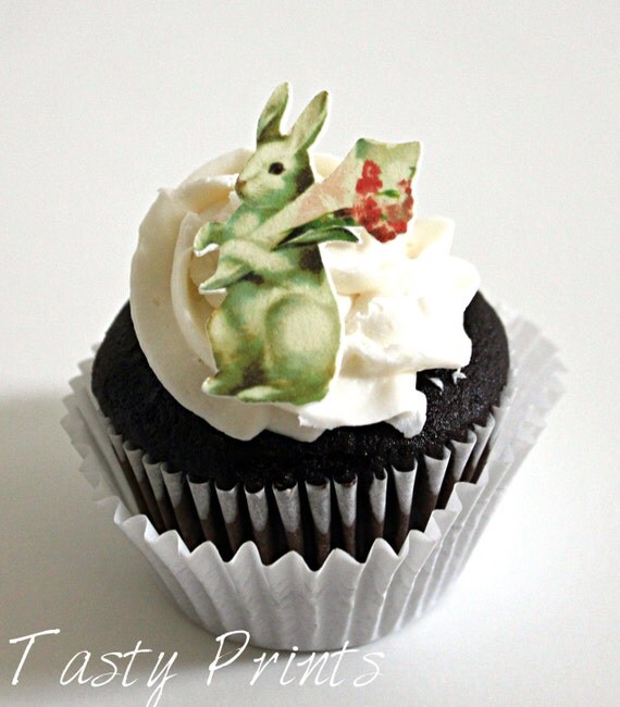 12 Easter Edible Prints - Vintage Easter Bunny with lily flowers - Easter cupcake toppers Il_570xn