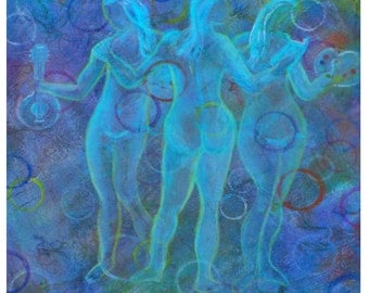 3 Muses Art Original Fine Art 8 x 10 Print, Greek Muses,Blue Modern Fresh Art Print, Home Decor-Greek Mythology, Goddesses