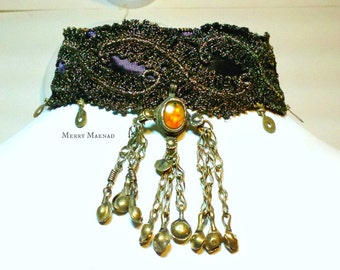 Metallic lace choker with Kuchi pendant. Tribal fusion belly dance necklace. OOAK Ethnic jewelry.