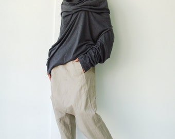 NO.101 Mottled Gray Cotton-Blend Jersey High Cowl Neck Tunic Top, Draped Cowl Neck T-Shirt