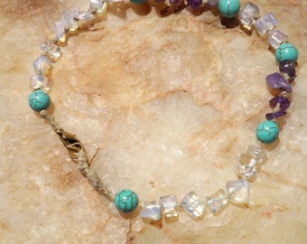 Turquoise with Rainbow Moonstone and Amethyst Hemp Anklet