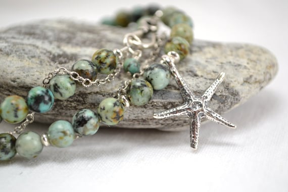 African Turquoise Necklace with Starfish, Nautical Jewelry, Sterling Silver and Turquoise, Handmade