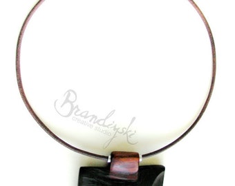 Original Handmade Wooden Necklace - black and brown ebony with aluminum detail, 3mm leather cord