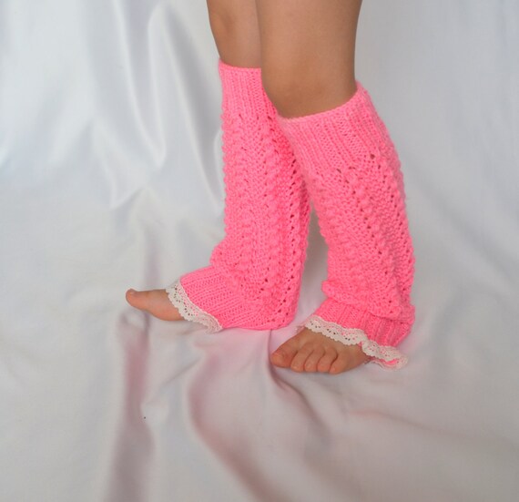 Items similar to Hot pink hand knit little girl lace leg warmers knit
