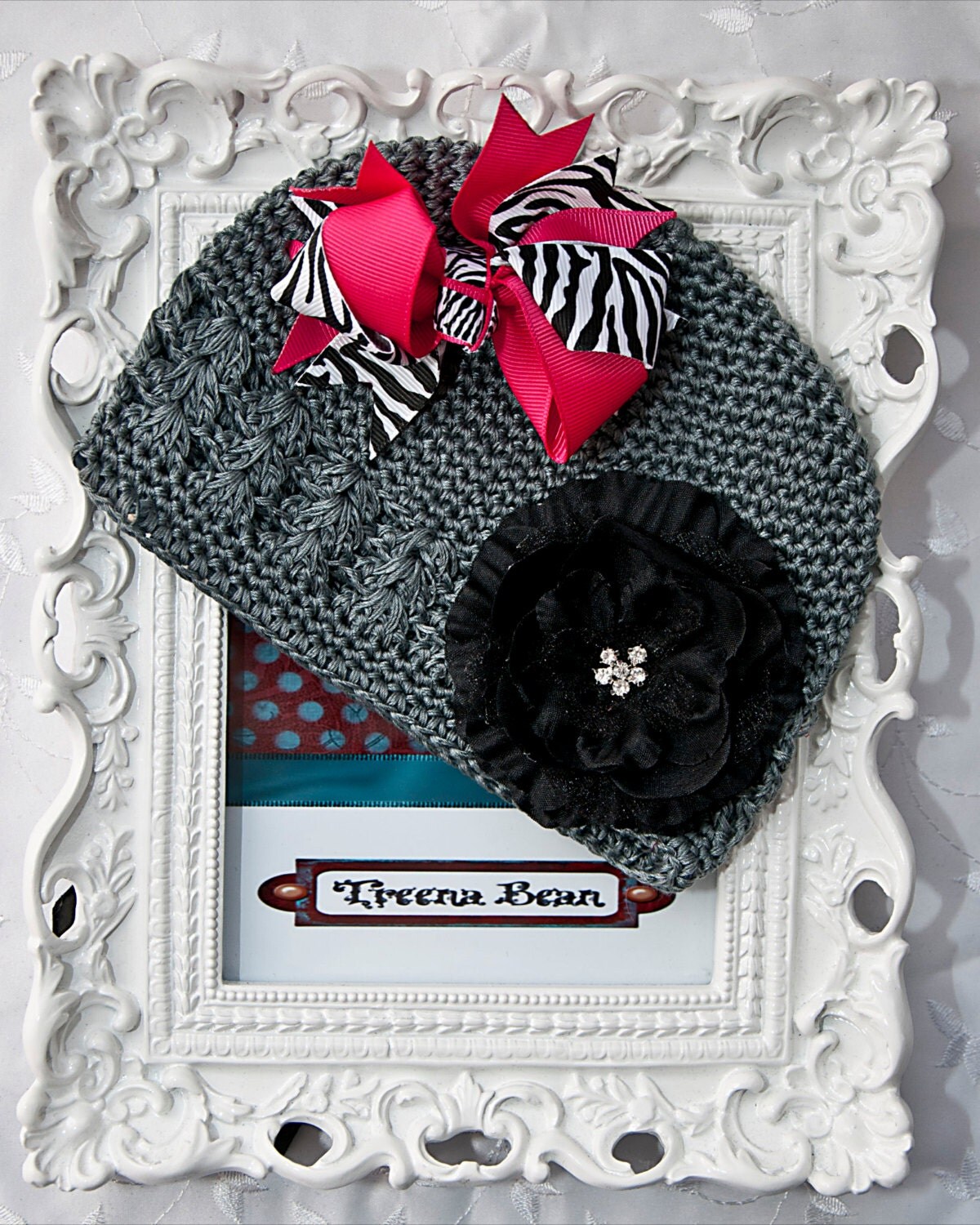 Baby Girl Gray Crochet Kufi Hat Set Hair Bow Baby Hat