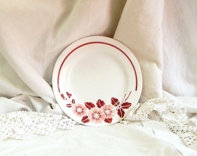 Antique French Ironware China Desert Plate with a Red Floral Motif / Shabby Chic / Vintage Interior / Chateau Chic / French Country Decor