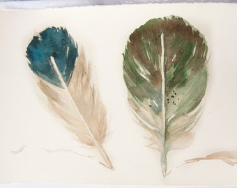 Watercolor Feather painting-Art original-Feather painting in olive green and beige
