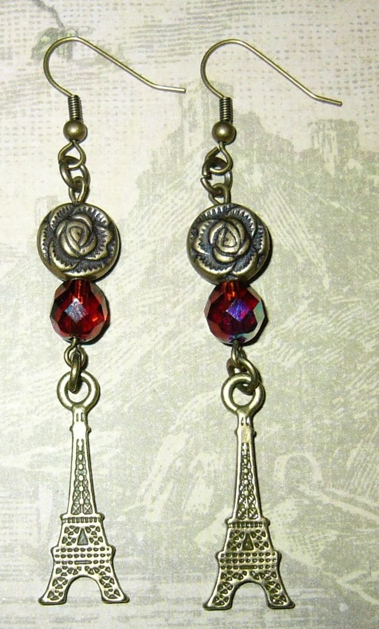 Steampunk Eiffel Tower and Bronze Tone Rose Earrings, Vintage Style, Handmade One of a Kind steampunk buy now online