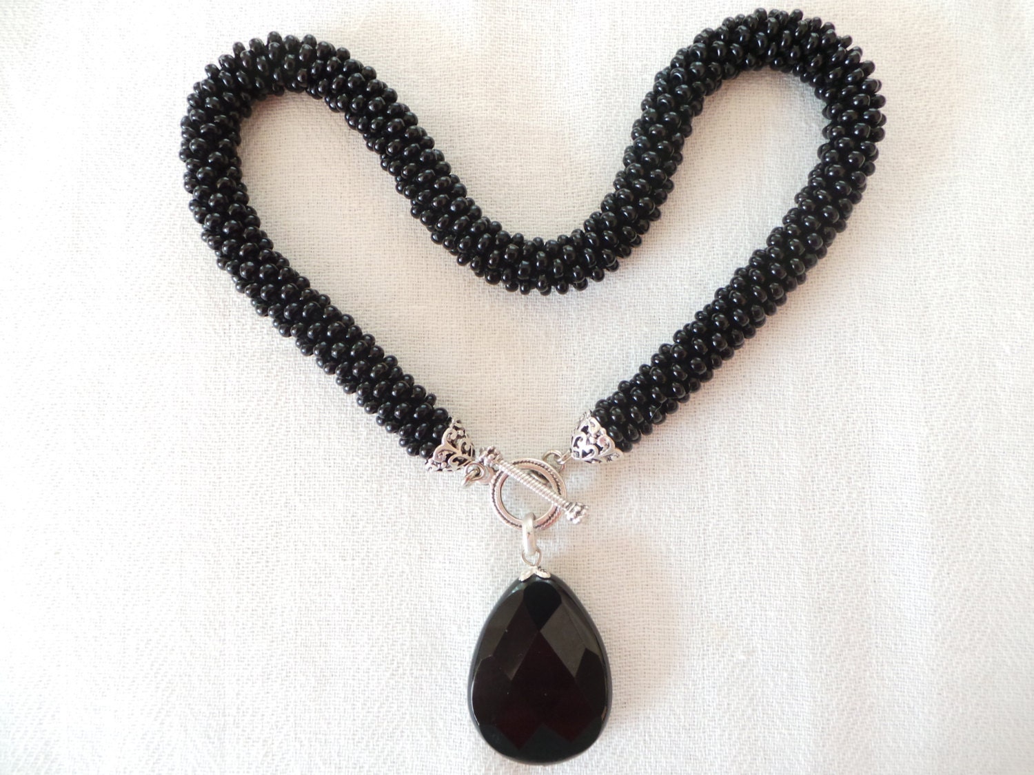 Onyx necklaceblack big seed beads crocheted necklace