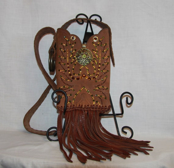 Light Brown Cowboy Boot Purse with 3 tones Swarovski Crystals