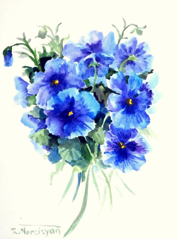 Download Pansies original watercolor painting blue purple flowers