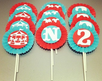 12 Personalized Circus/Carousel Cupcake Toppers - Red/Aqua/White - Birthday's, Baby Showers, Summer Celebrations