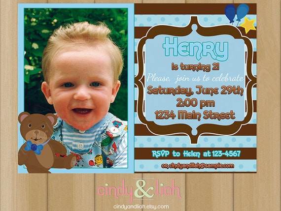 Blue and Brown Teddy Bear Birthday Invitation, Address Labels, and Envelope Seal Set - Party Printables Il_570xn