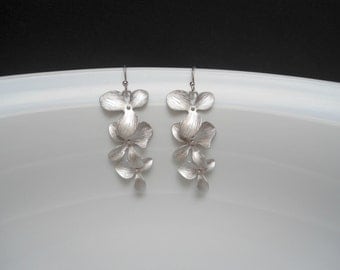 Orchid chandelier earring matte silver , orchid flower earring , silver flower cascade earring, bridesmaid earring