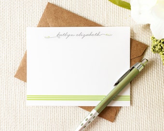 Personalized Notecard Set - TRIPLE STRIPE SCRIPT - Set of Flat Personalized Stationery / Stationary Note Card Set
