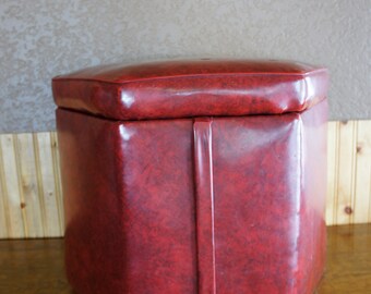 red vinyl ottoman with hinged padded lid storage footstool hassock hexagon shaped