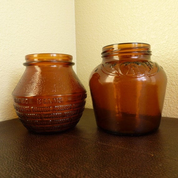 2 Vintage Brown Glass Jars Burbank Baked Beans by NVMercantile