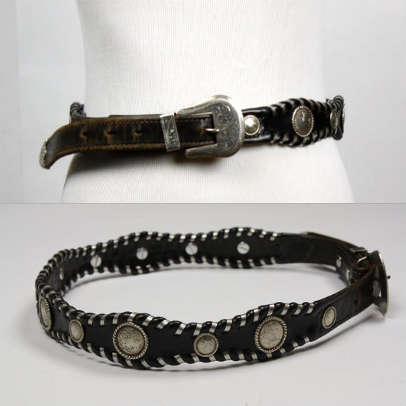 Items similar to western silver coin belt, Circle Y, distressed black ...