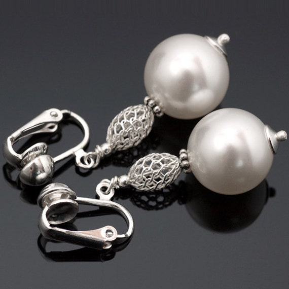 White Pearl Clip On Earrings Swarovski Clip by KarolinaLauraDesign