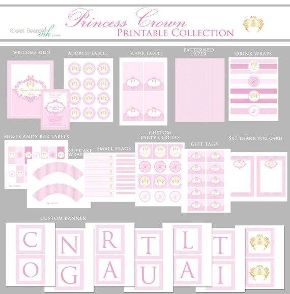 Pink and gold PRINCESS CROWN Printable Party Decor Package