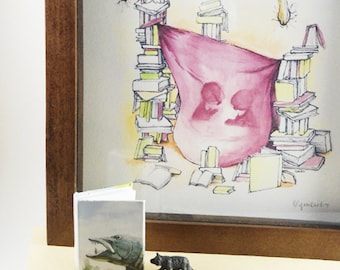 Literary Fort Art Print - Two kids in a literary fort of books, tree braches, and purple