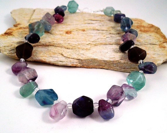 Fluorite Necklace with Glass Clasp, Beaded Fluorite Jewelry, Metal-Free