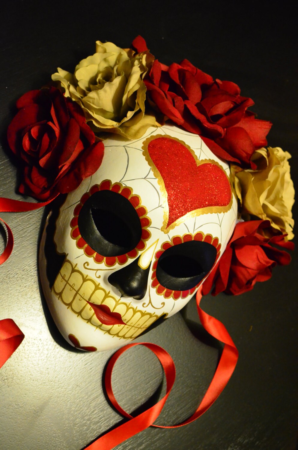 Valentine Day of the Dead Mask Shimmery Heart Red Gold Mi