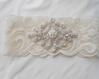 Wedding Garter Ivory Stretch Lace Wedding Garter Single With Pearls and ...