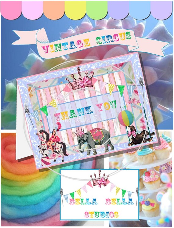 Vintage CIRCUS Birthday Party Girl and Horse Custom Printable THANK YOU Cards Instant Download by Bella Bella Studios Il_570xn