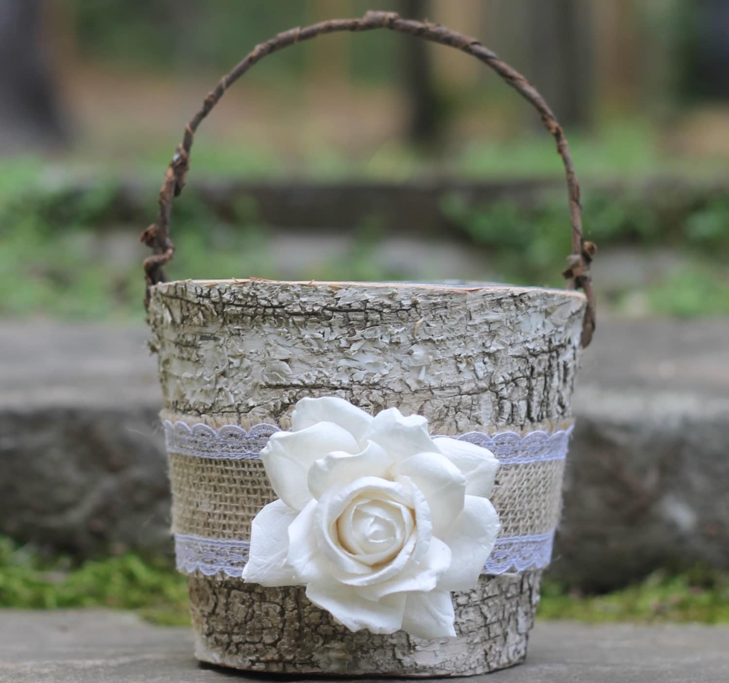 Birch Flower Girl Basket Rustic Burlap Lace by MichelesCottage