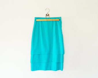 High Waisted Aqua Blue Vintage Pencil Skirt / Three Tiered Wiggle Skirt / Bright Blue Layered Skirt / 27" Waist