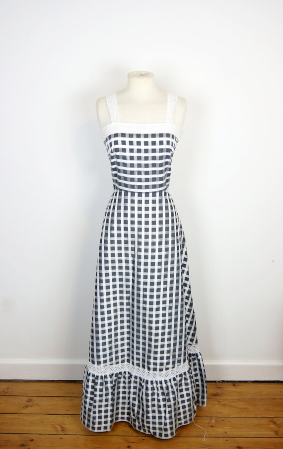 Vintage Grey Gingham Prairie style Maxi Dress Size Medium