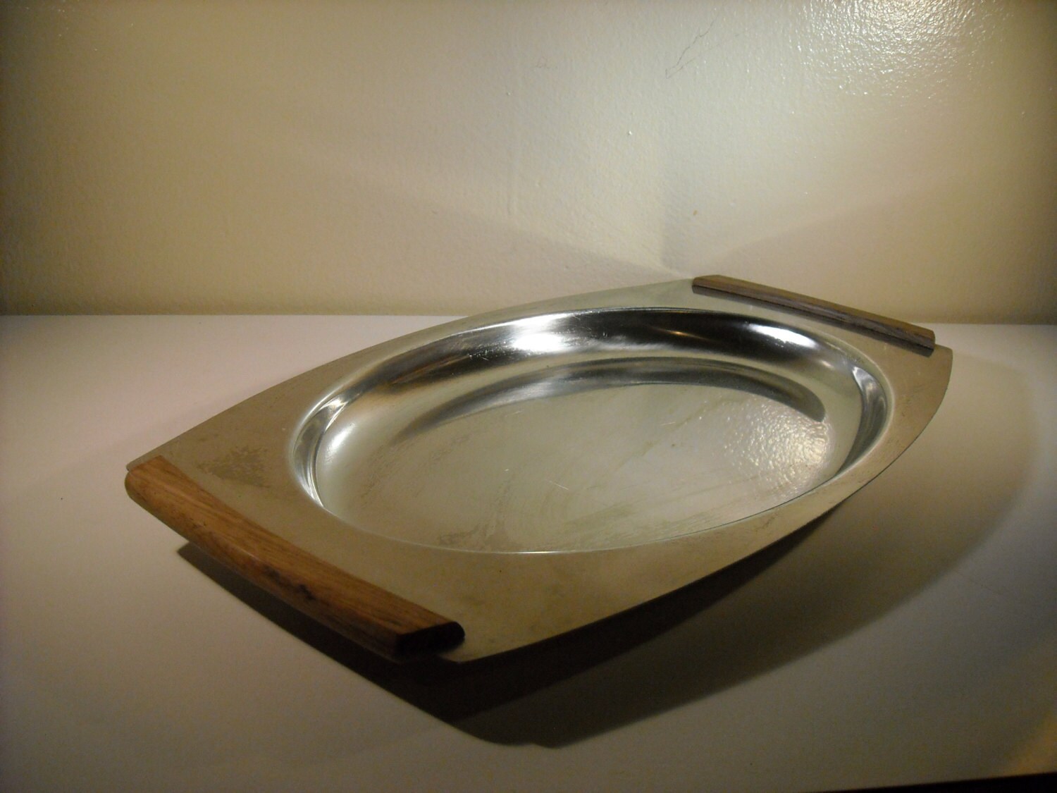Danish Modern Stainless Steel Serving Tray with Wood Handles