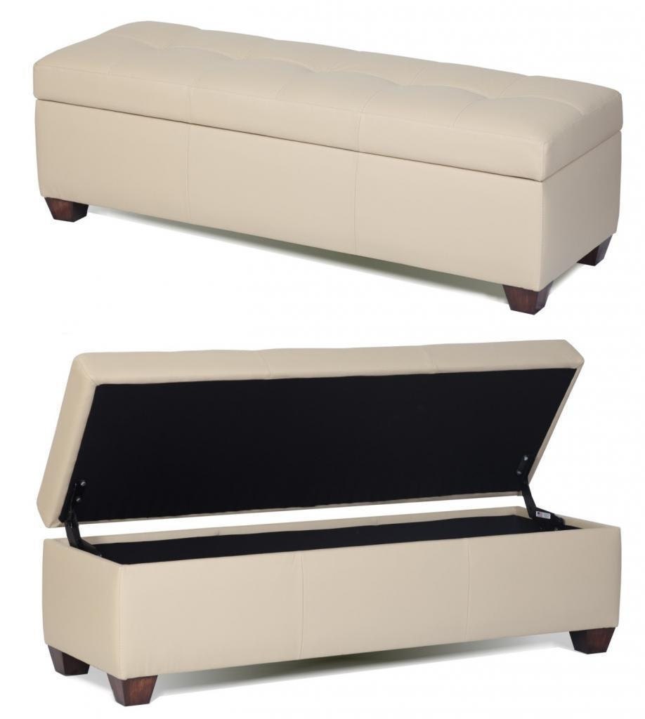 Queen Size Genuine Leather Storage Bench in Bone Color, Tufted Ottoman