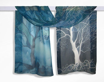 Long silk scarf ' Trees in blue ' hand painted scarves blue scarf trees scarf - blue turquoise white