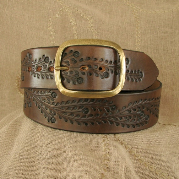 Clearance Women&#39;s Leather Belt Tooled Floral Vine