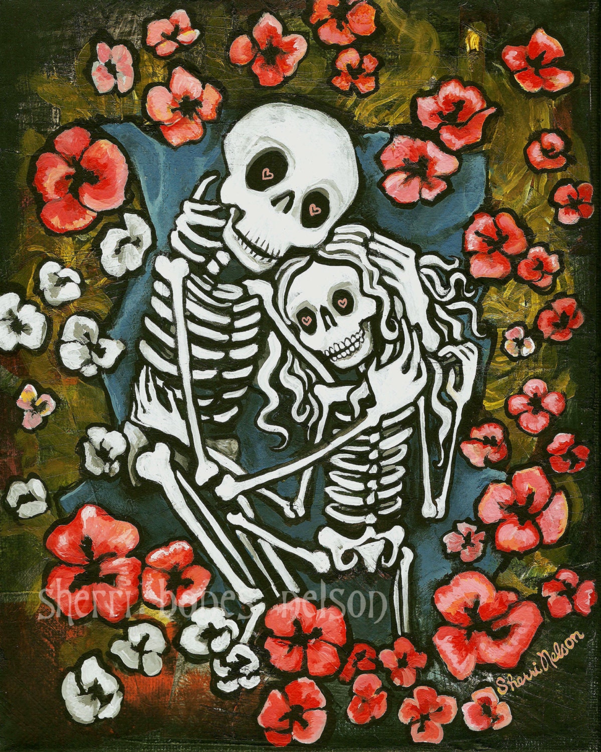 Romantic Day of the Dead Art. Skeleton Couple Valentine Gift.