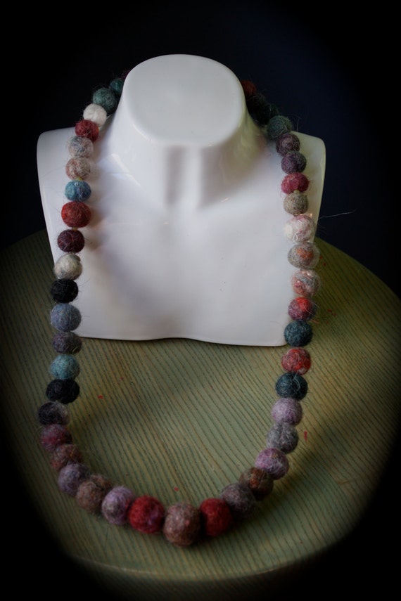 Felt Pearl Necklace, multi coloured with green glass and labrodite strung on stainless steel wire