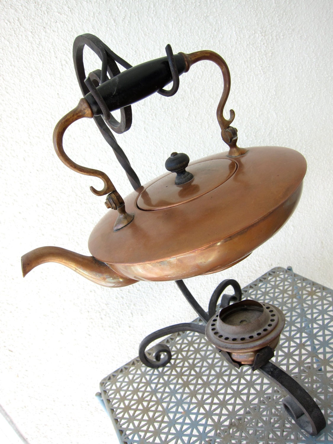 Antique Copper Tea Kettle Teapot Wrought Iron Stand Tea