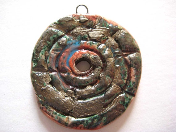 SALE Handmade Ceramic Rustic Tribal Style Spiral Pendant