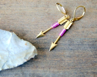 Pink Arrow Earrings - Cupid's Arrow - wire wrapped arrow earrings - arrow earrings - brass arrow earrings - Arrow Jewelry - Sagittarius