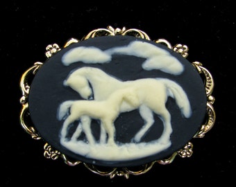 Cameo Brooch or Pendant Mare and Foal Arabian Horse Black and Creme