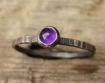 Tiny Sterling Amethyst Ring - Sterling and Fine Silver - Genuine Gemstone - Dainty, Grooved Band