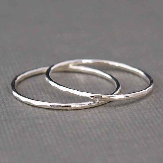 Thin Sterling Silver Rings Set Of Two Bands Hammered Rings